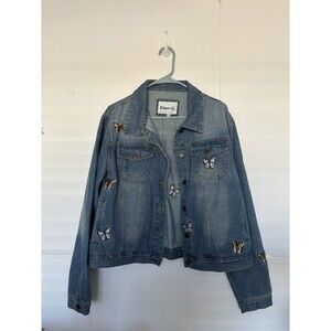 Between Us Women's Distressed Blue  Denim Jacket with BUTTERFLIES Size 2 XL